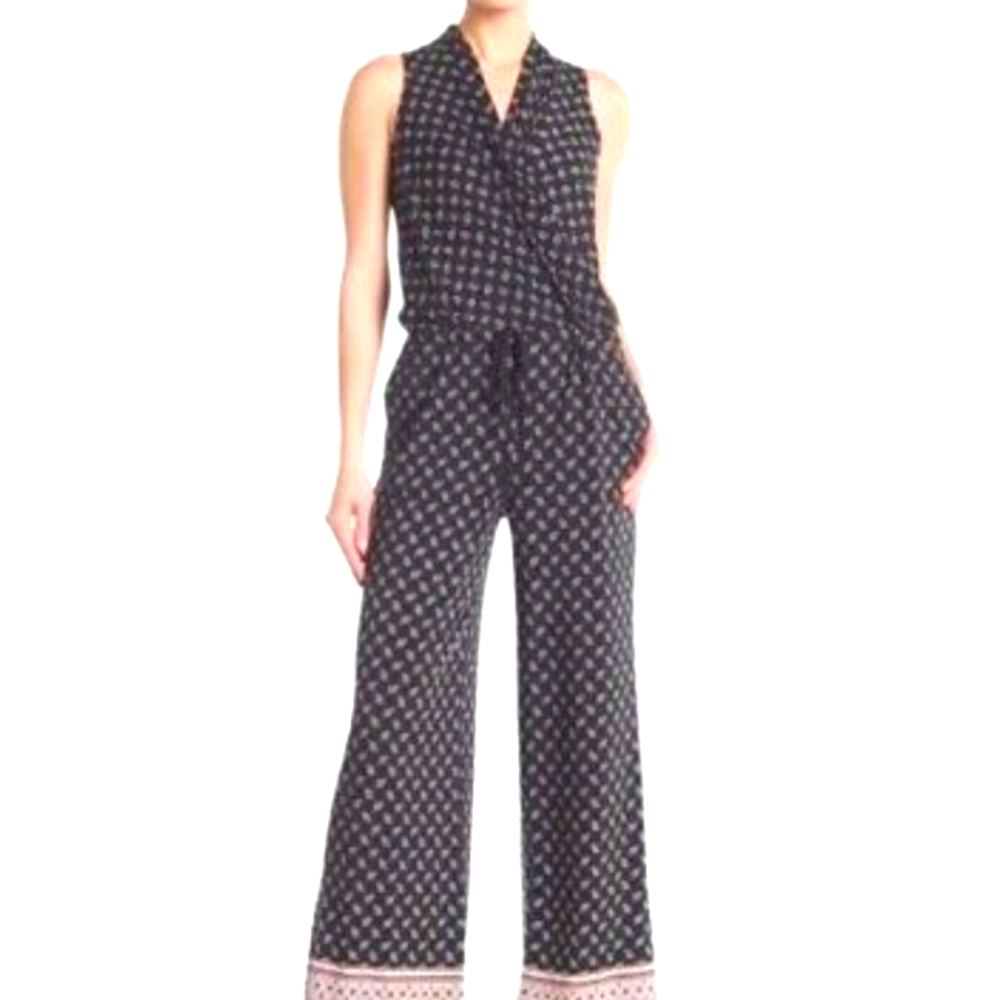 Max Studio Blue White Surplice Pockets Jumpsuit Drawstring minimalist capsule